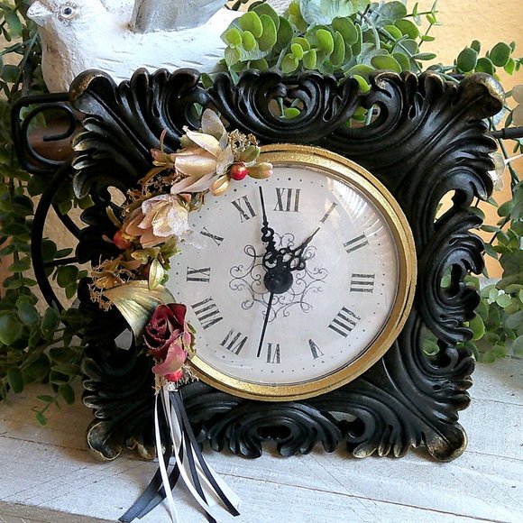 Vintage Rose Black and Gold Decor Clock Custom Decorative Mantle Clock Handmade